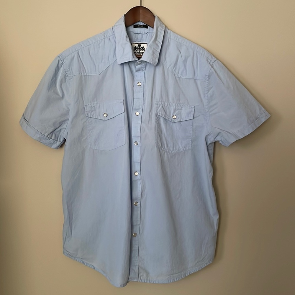 Express mens fitted blue button / snap down shirt